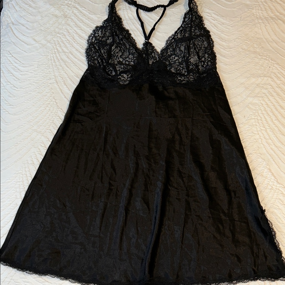 Victoria’s Secret Black Satin Lace Slip Nightgown Large